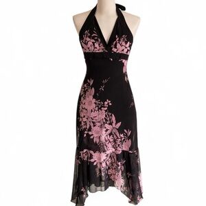 Vintage Charlotte Russe black & pink floral halter midi dress